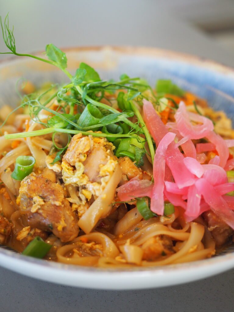 NOODLES DE ARROZ CON POLLO, VERDURAS, Y LECHE DE COCO
